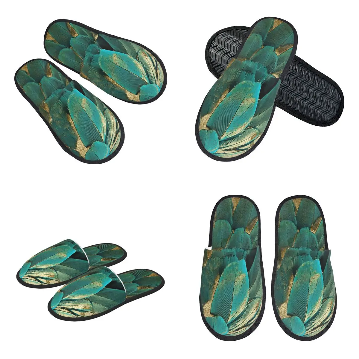 Custom Feather Glitter Teal And Gold Slippers Memory Foam Warm Soft Women House Slipper Bedroom Comfy Shoes