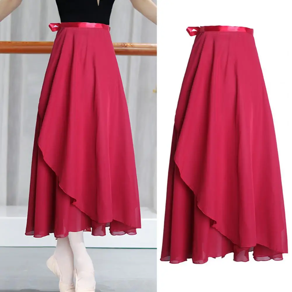 Women Dance Skirt High Waist Lace-up Multi-Layered Mesh Chiffon Long Skirt Solid Color Flowy Maxi Skirt Adult Ballet Skirts