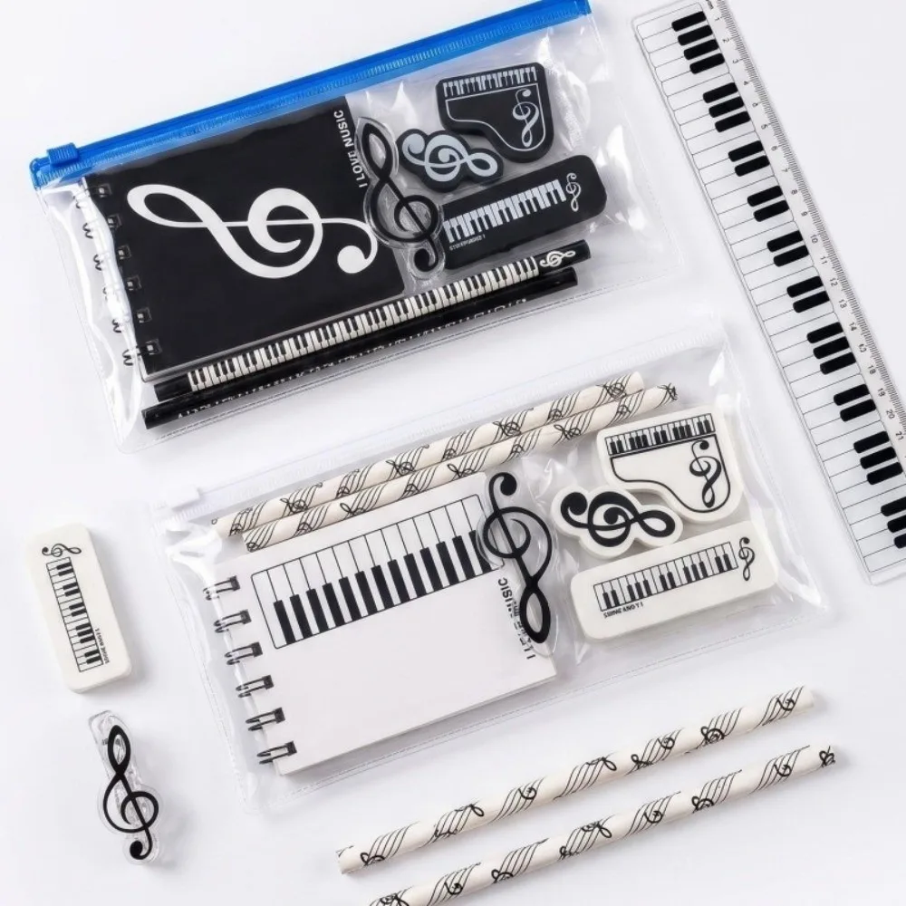 7/8Pcs Kawaii Piano Treble Clef Print Stationery Set Musical Theme Pencil Erasers Pocket Notebook Students