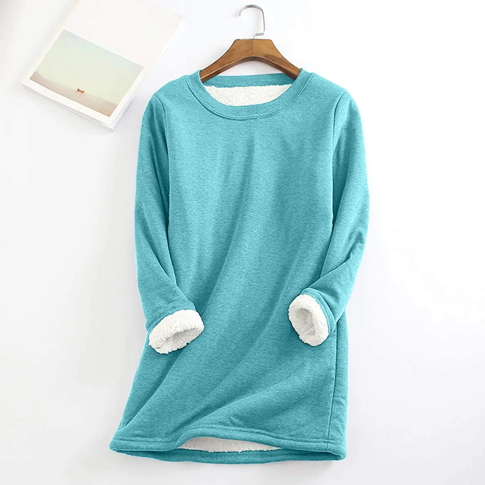 

Crew Neck Sweatshirt For Women Solid Color Warm Soft Thick Fleece Lined Hoodless Pullover Daily Outdoor Casual Hoodies For Women