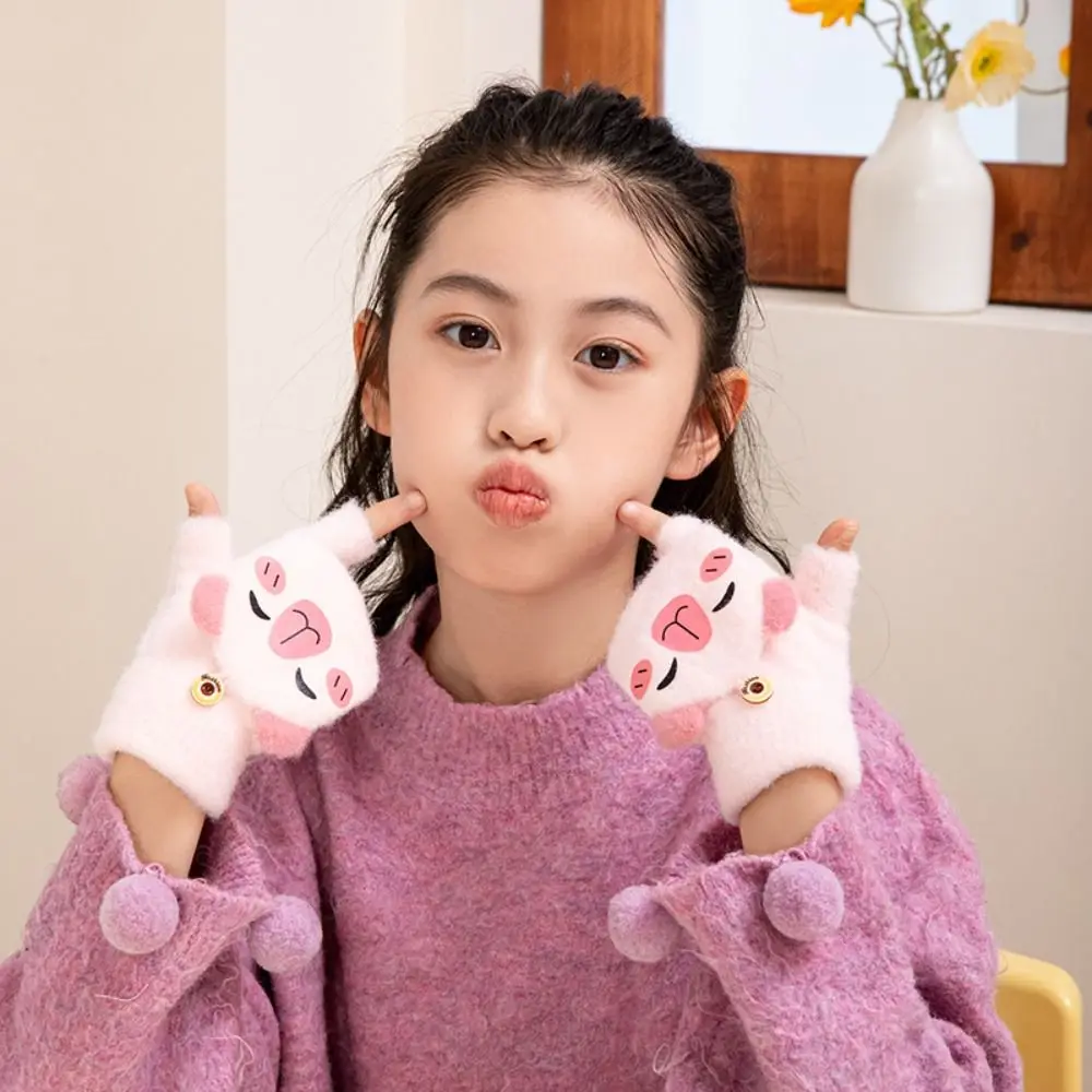 2pairs/set Korean Style Half Finger Flip Gloves Cartoon Warm Capybara Knitted Gloves Fluffy Windproof Winter Kids Mittens Girls