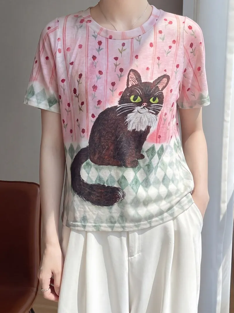 

Cartoon Print Short Sleeve Loose Knitted Top Women's Summer New Style Fashionable Young-looking Thin Casual round Neck Overhead