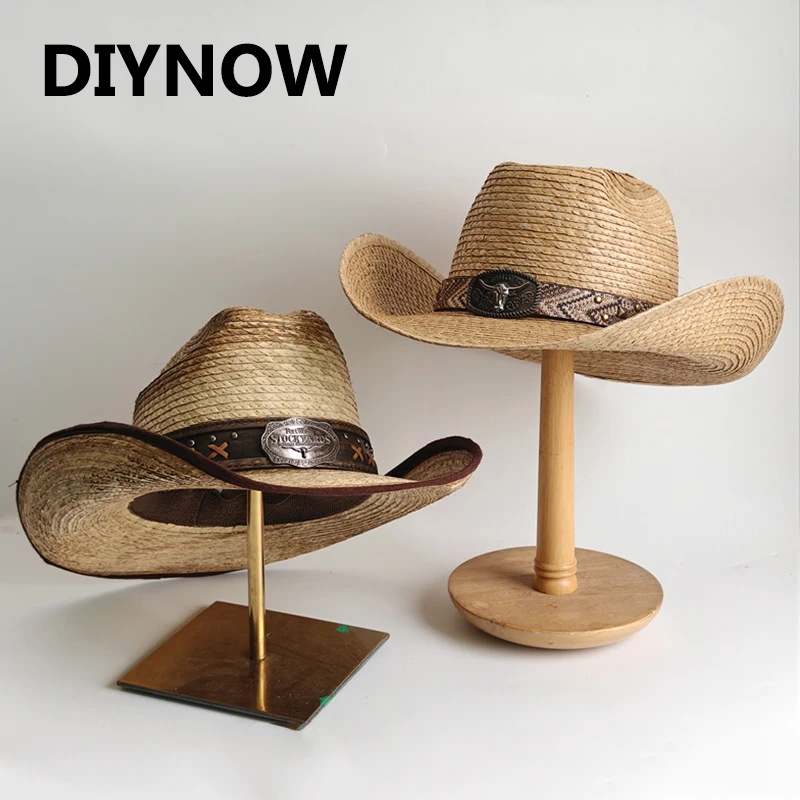 2026 New Western Cowboy Straw Hat Handmade Natural Palm Leaf Weave/Raffia Sun Hat Unisex Outdoor Travel Outback Hats sombrero