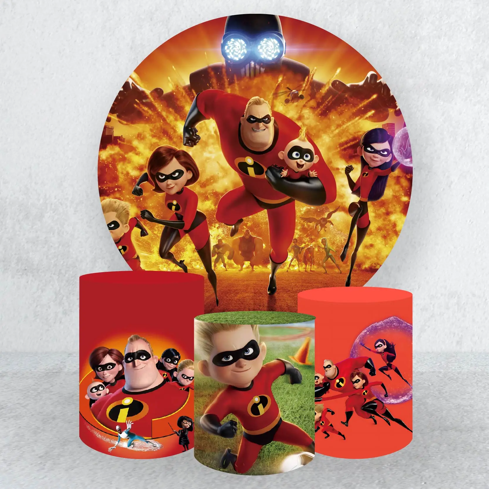 

The Incredibles Disney Pedestal Stand Cylinder Cover Elastic Fabric for Kids Birthday Party with Zipper Background Supplies