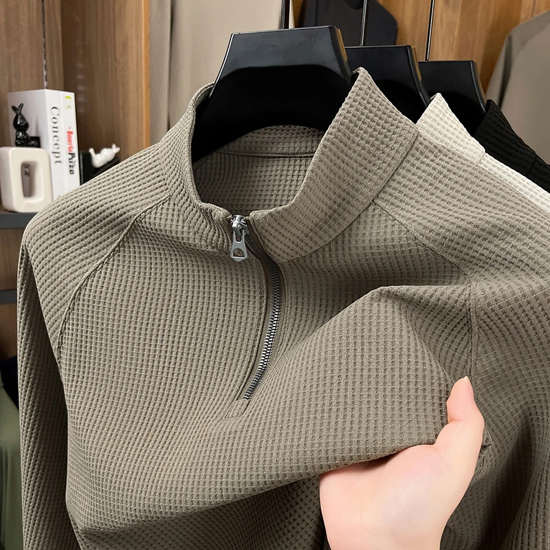 

Мужской вязаный свитер с длинным рукавом и воротником-стойкой, текстурированный пуловер на молнии, осень-зима, модная повседневная классическая универсальная мужская одежда