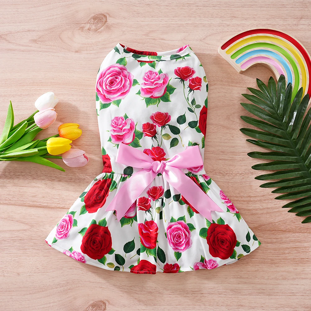 Dog Dress Holiday Floral Pattern Pet Skirts Hawaii Puppy Princess Dresses Outfits Bowknot Puppy Dresses for Girl Dogs Cats