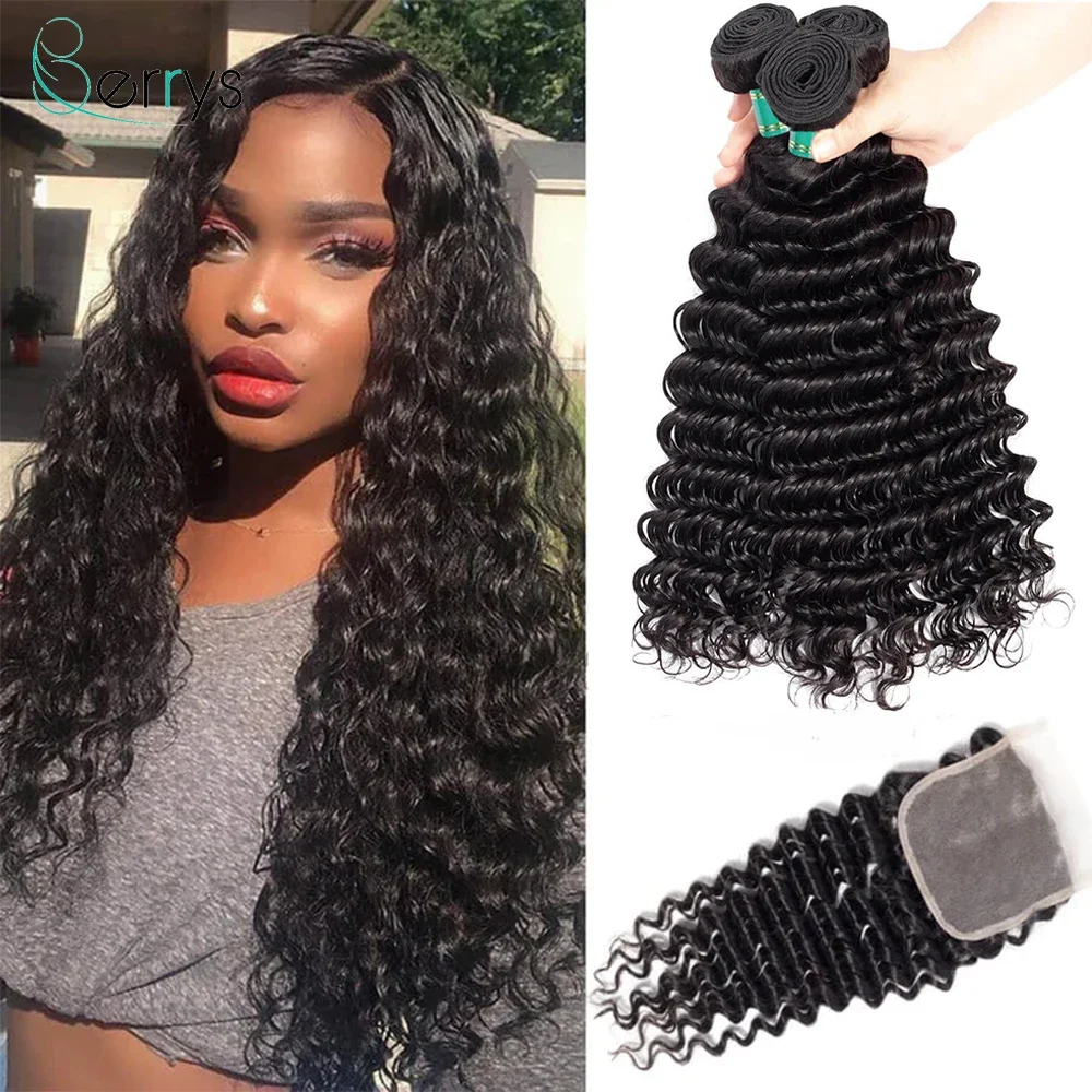 

6x6 HD Lace Closure With 3/4 Pcs Bundles Brazilian Deep Wave 30Inch Bundles Weave With 5x5 HD Lace Closure 100% Unprocessed