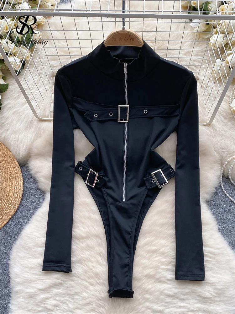 SINGREINY Vintage Zippers Slim Rompers Female Half High Collar Sheath Playsuits Fashion Open Crotch Women Streetwear Bodysuits