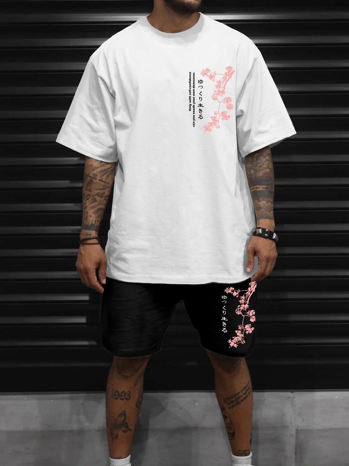 

Men's Japanese Sakura Print 2 Pcs Outfit Oversized Short Sleeve T-Shirt And Shorts Casual Summer Streetwear Tracksuit