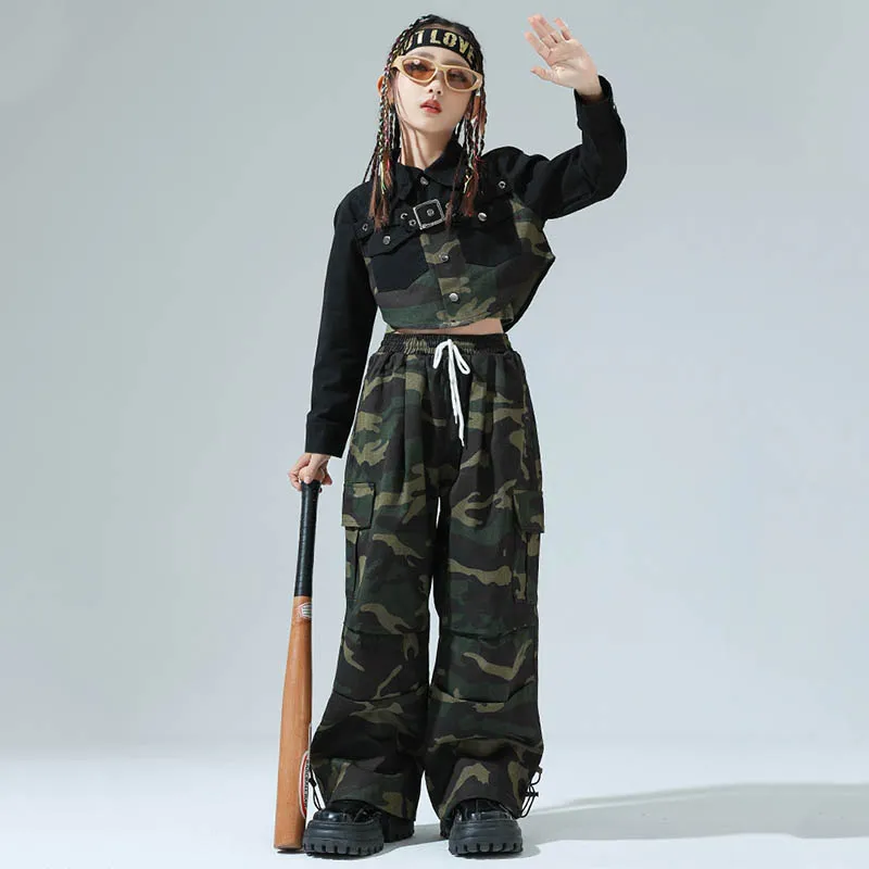 힙합 댄스 코스튬 소녀 재즈 케이팝 무대 의상, 위장 셔츠 바지, 패션 어린이 의류, 스트리트 댄스 의류, VDL1665