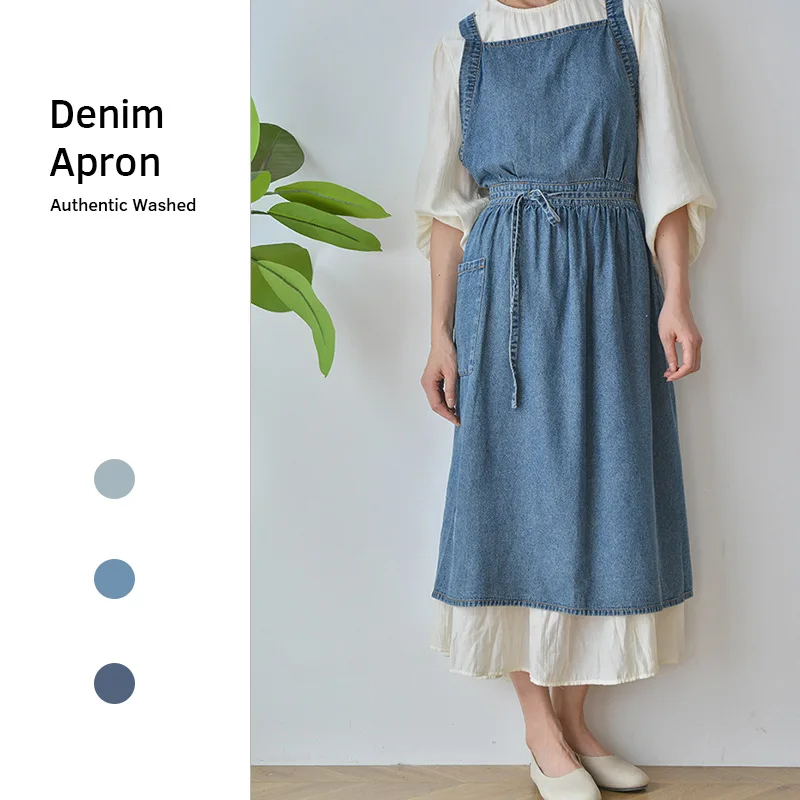 

Denim Apron Cotton Korean Canvas Cleaning Antifouling Leisure Home Kitchen Barber Cooking Work Clothes Ladies Gardening Baking