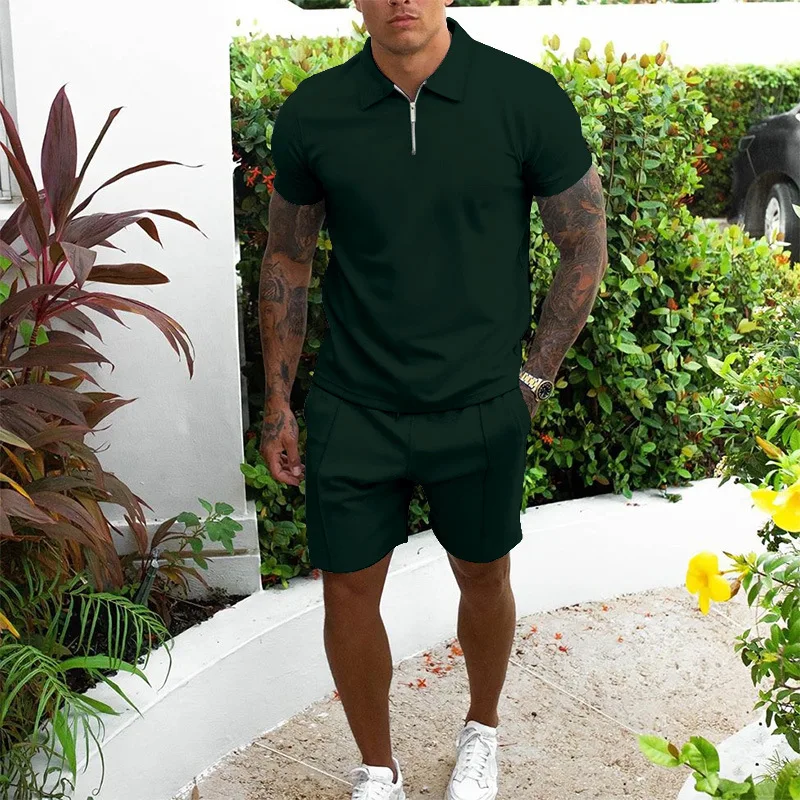 Summer Men's short sleeve suit Fashion solid color Casual Shorts sportswear short sleeve Shirt two-piece Men's suit