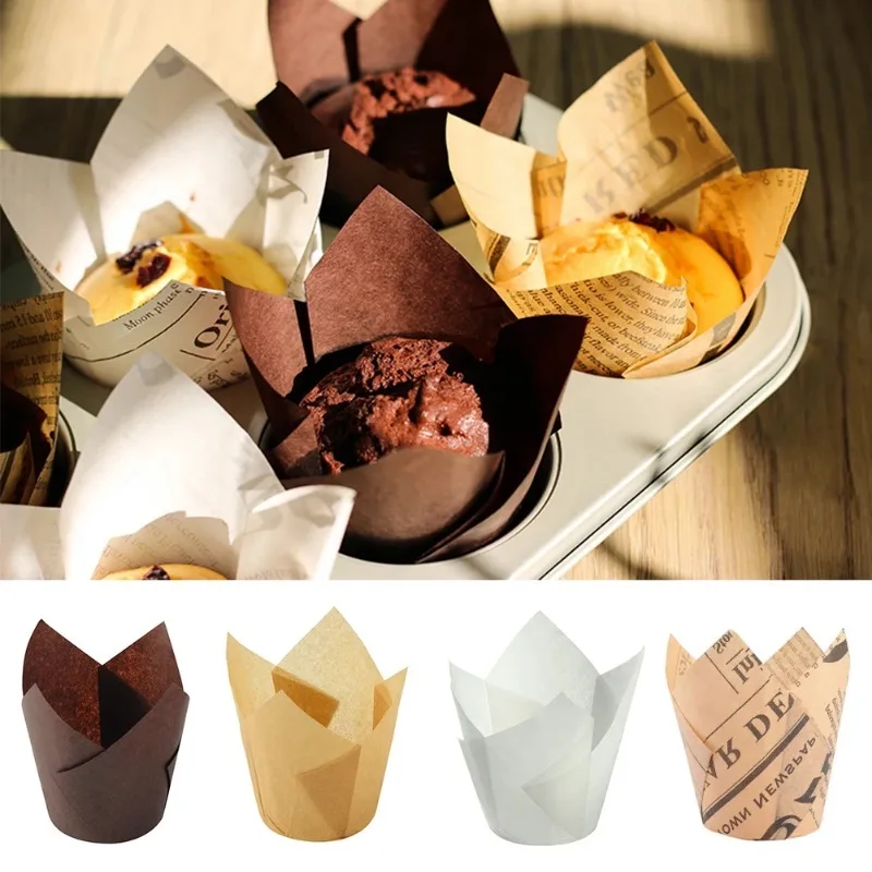 50pcs Newspaper Style Cupcake Liner Baking Cup for Wedding Party Tulip Muffin Cupcake Paper Cup Oilproof Cake Wrapper