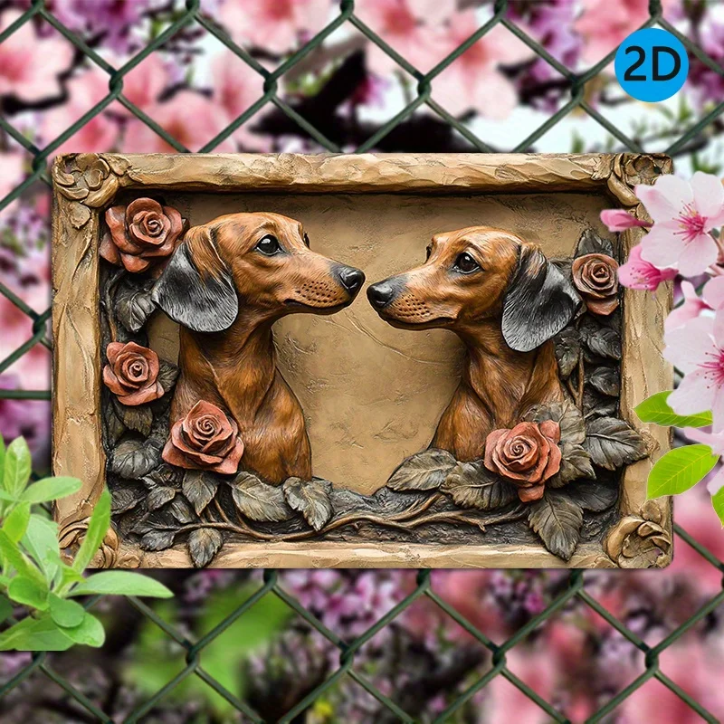 

1pc 8x12 inches Aluminum Weather-Resistant Metal Dachshund Wall Art with 3D Roses, Dual Weenie Dogs Design for Home and Office