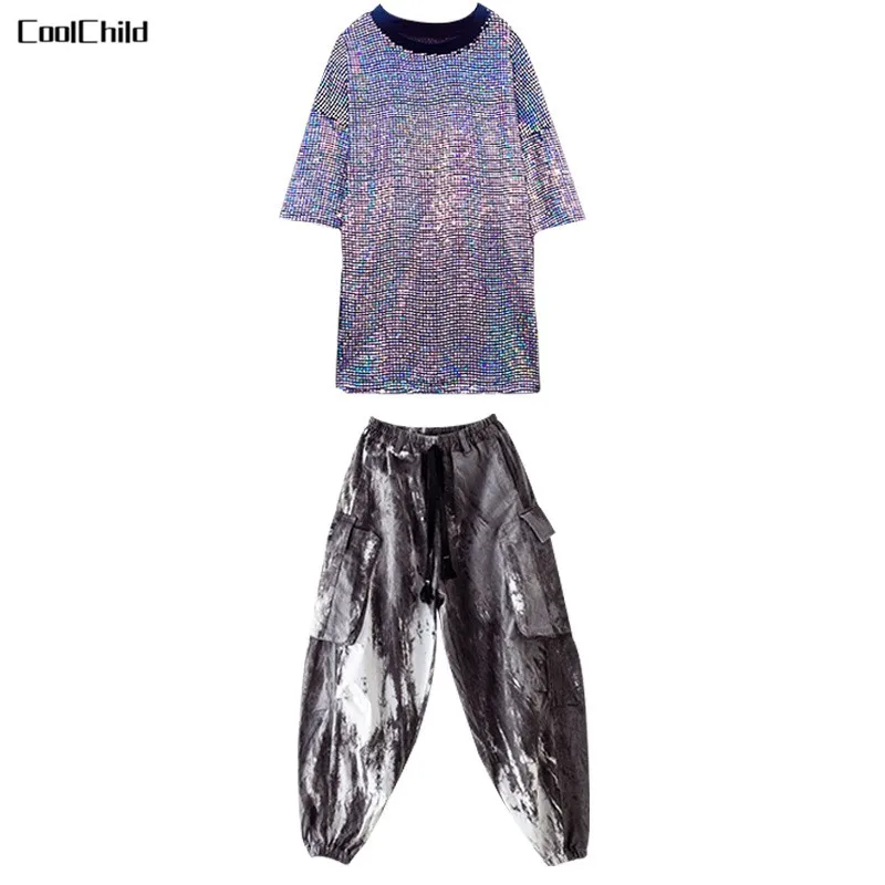 Boys Sequin Silver T-shirt Hip Hop Tie Dyed Cargo Pants Girls Streetwear Kids Street Dance Clothes Sets Child Jazz Stage Costume