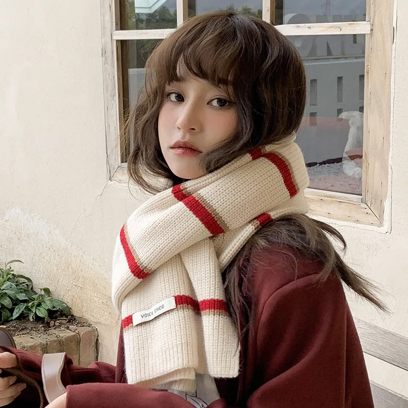 Imagen 4: Bufanda a rayas de moda cálida para invierno, bufanda tejida para mujer, cubierta para el cuello a prueba de viento, calentador térmico para el cuello, chal, bufandas largas gruesas