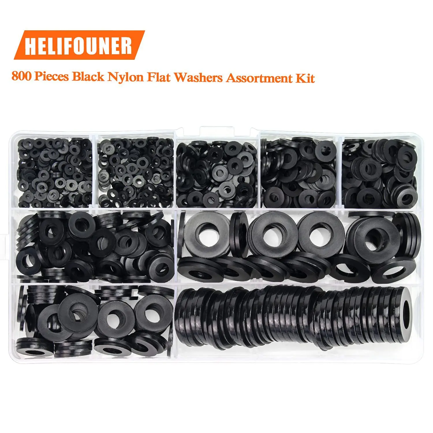 800pcs Black Plastic Nylon Flat Washer M2M2.5M3M4M5M6M8M10M12 Assortment Kitsealing Spacer Insulation Gasket Ring Mix Set Box