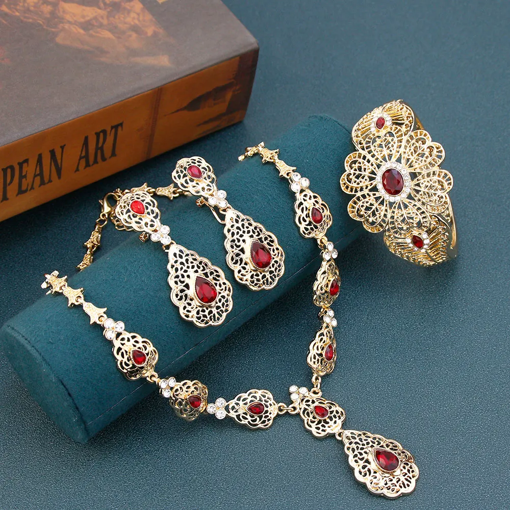 Morocco Bride Jewelry Sets Hollow Flower Women Earring Necklace Bracelet Water Drop Crystal Arabic Wedding Necklace