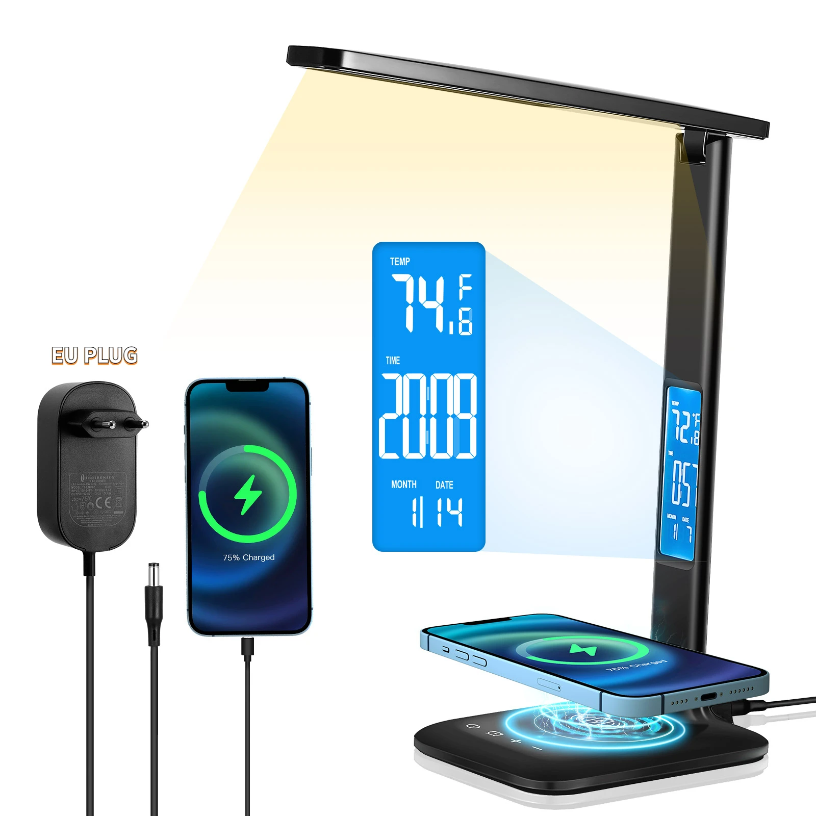 

10W QI Wireless Charging LED Desk Lamp With EU Plug Night Light Calendar Temperature Alarm Eye Protect Study Light Table Lamp