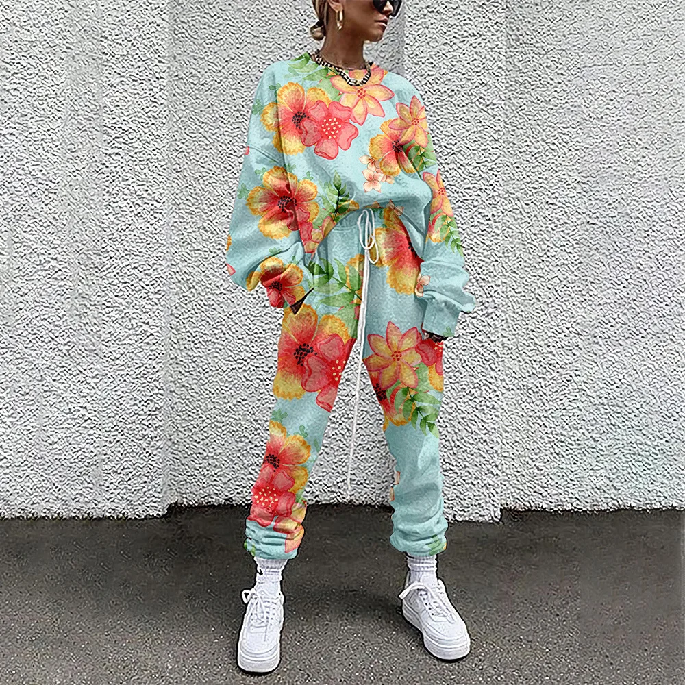 Spring Autumn Women Floral Print Sweatshirts Sets 2 Piece Long Sleeve Sportswear Pullover +Trousers Outfits Jogger Sweat Suits