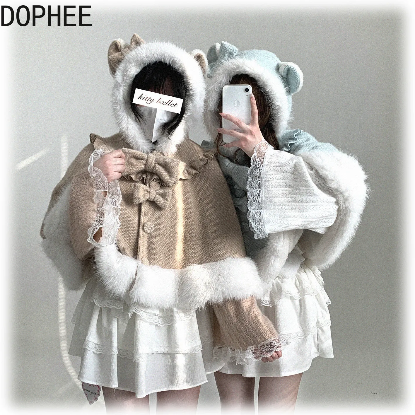 Original Japanese Autumn Winter Lolita Ponchos Cute Bow Cat Ear Hooded Overcoat Thicken Velvet Batwing Sleeve Princess Cape Coat