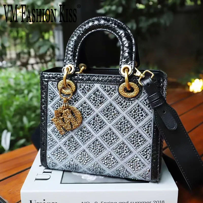 VM FASHION KISS Split Leather Water Diamond Portable Small Square Bag Banquet Shoulder Crossbody Women\'s Designer Luxury Bag