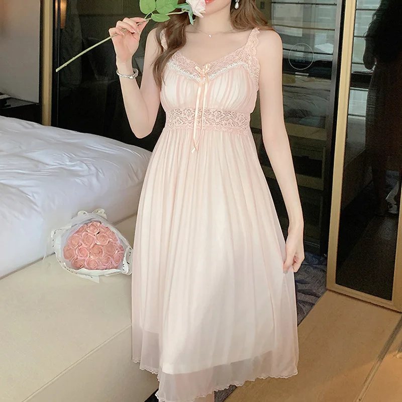 Women Long Suspender Nightgown French Elegant Court Style Nightdress Sleepwear Sexy Lace Trim Nightwear Loose Home Dressing Gown