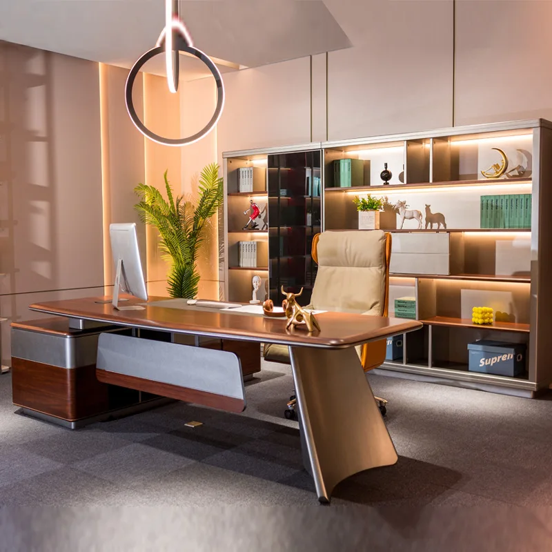 

High end veneer boss desk, modern large class desk, boss office with lightweight filing cabinet