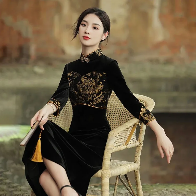 

Ethnic Style Harajuku Modern Qipao Black Traditional Vintage Elegant Slim Cheongsam Improve Women Chinese Dress Femme New