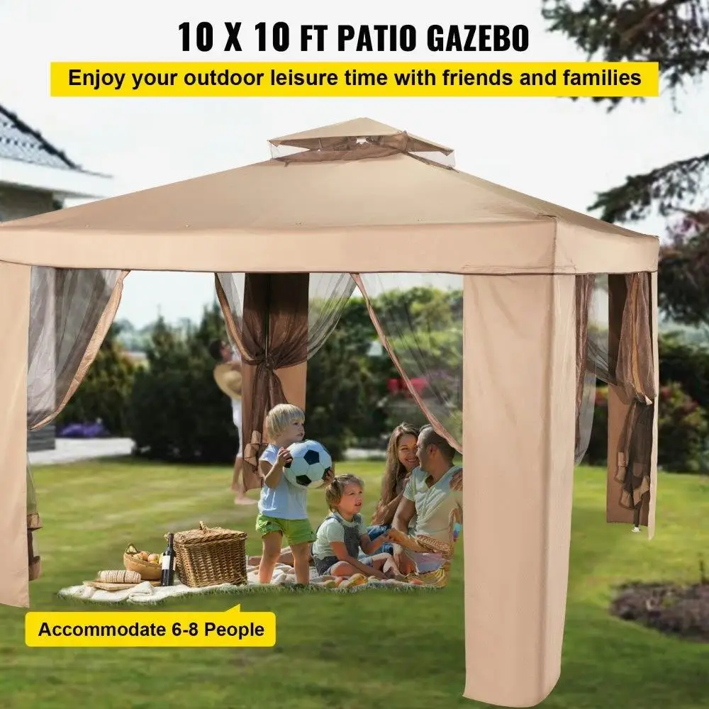 10' x 10' Outdoor Gazebo Canopy Tent - Portable Shelter with Sandbags & Netting for party , Patio & Garden - Brown