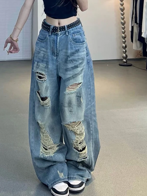 American High Street Sle Damen-Sommer-Jeans mit lockerem, weitem Bein, zerrissene Denim-Hosen, lässiges Vintage-Design, kleine Größe, freundlich