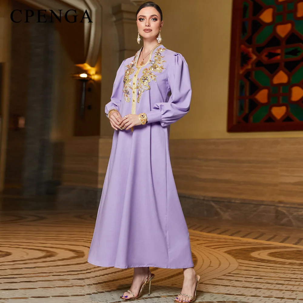 Luxury Dubai Purple Abaya Dress Elegant Muslim Women Party Jalabiya Outfit Islamic Holiday Travel New in Turkey Moroccan Kaftan