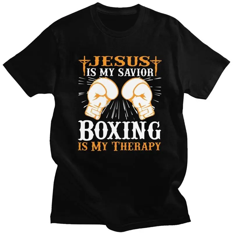 Jesus ist mein Erlöser Boxen ist meine Therapie T-Shirt Männer Kurzarm Boxer Zitate T-Shirts Grafik T-Shirts Lose übergroße Kleidung
