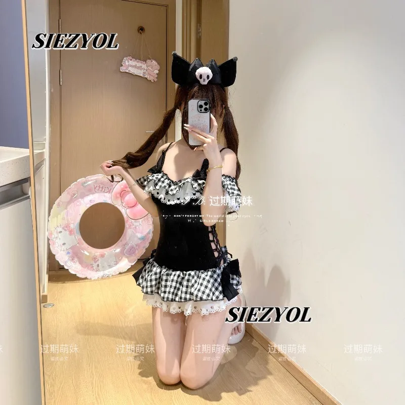 Japanese Sweet and Cute Girls Swimming Suit Summer New Seaside Vacation Casual Skirt Plaid Suspender One Piece Swimsuit