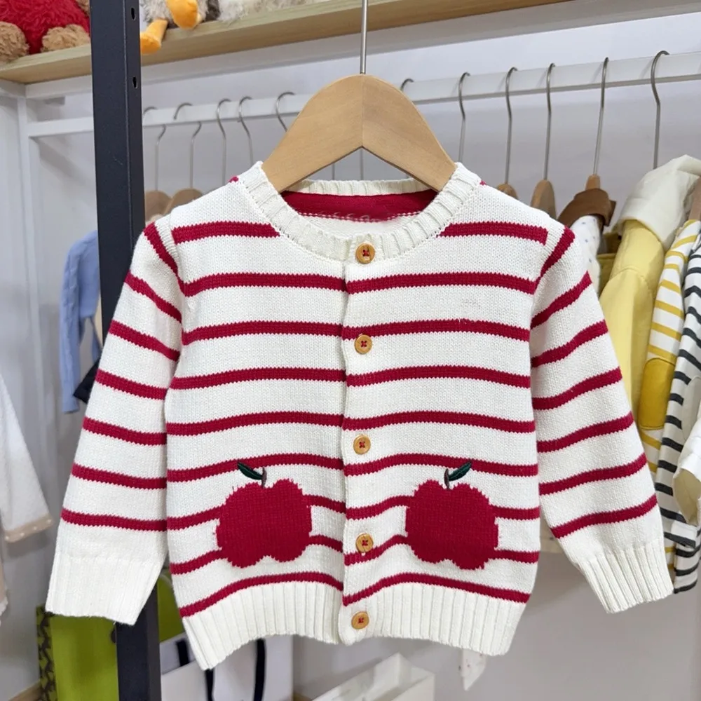 baby coat Red and white striped pattern girls' cardigan small apple shaped pockets Cute girls' sweater jacket knitted coat