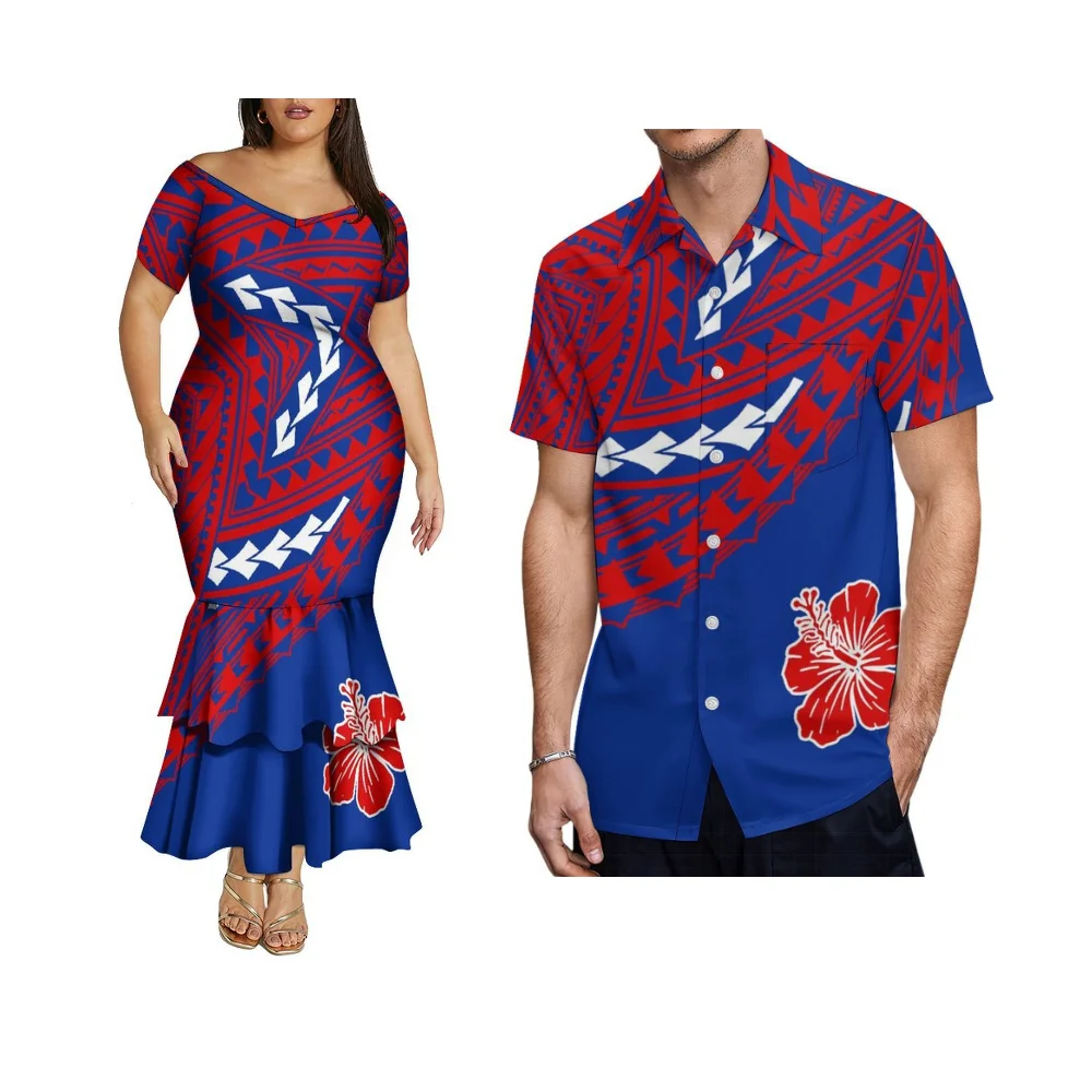 Summer Couple Outfits V-Neck Off-The-Shoulder Women'S Double-Layer Fishtail Skirt Polynesian Custom Shirt Pattern