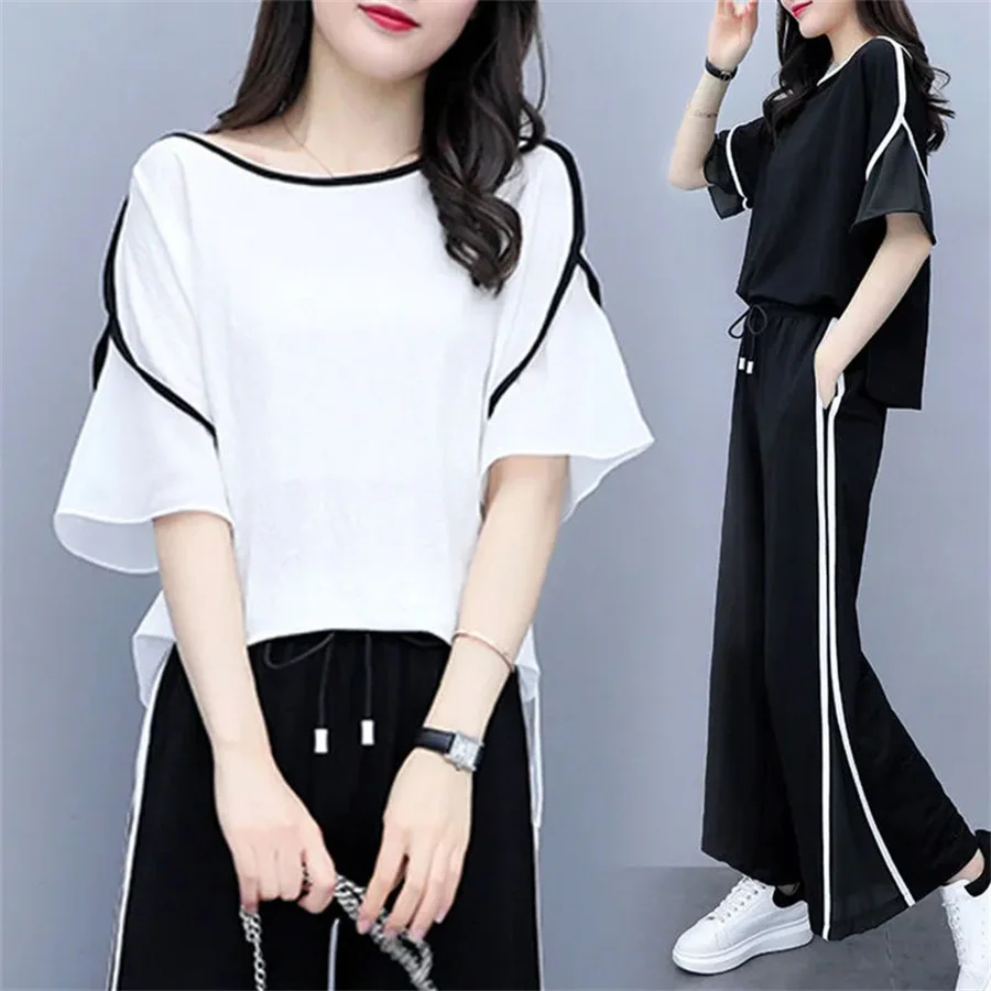 2022 New Short Sleeved Wide Leg Trousers Two Piece Set Fashion Loose Casual Sports Suit Women