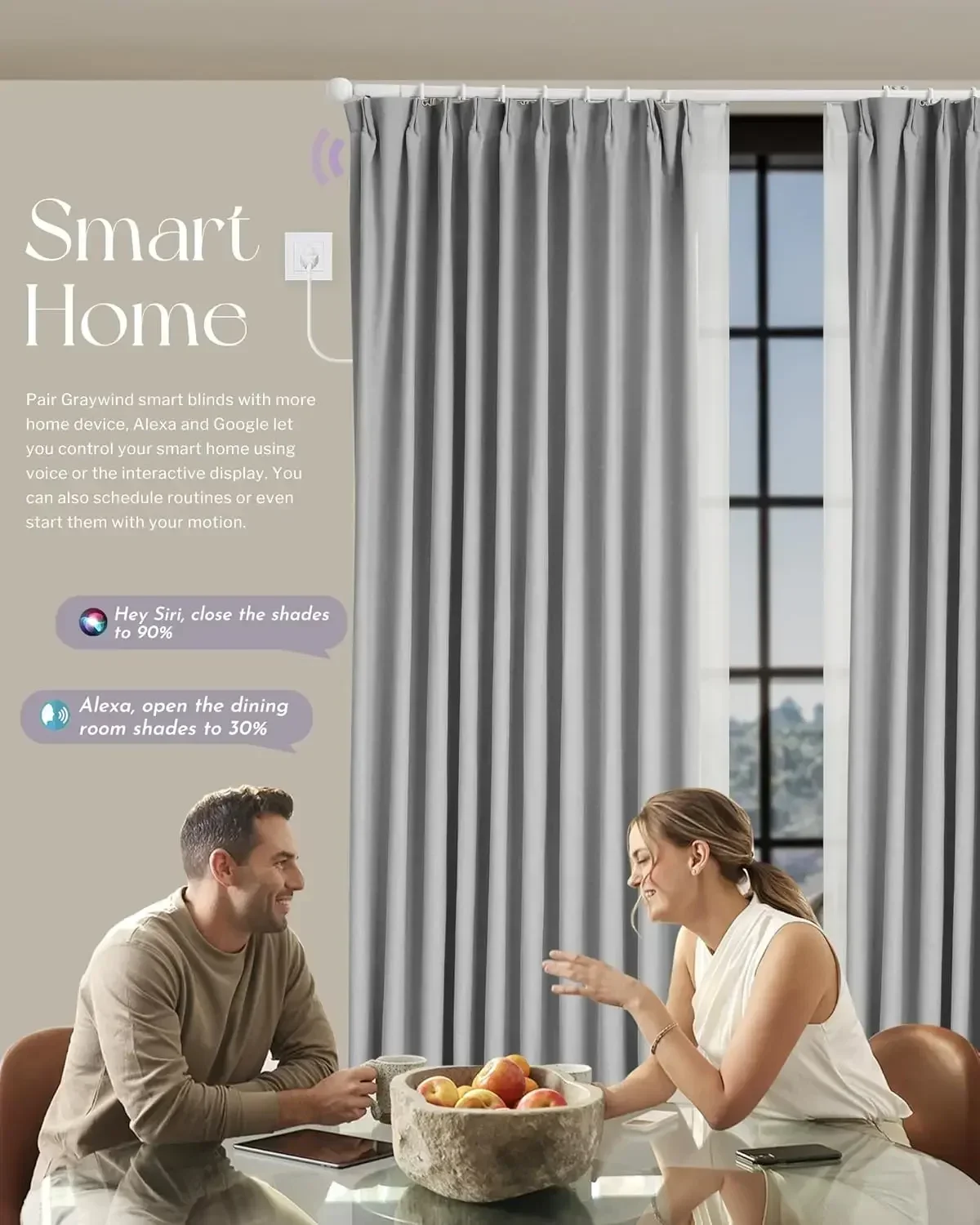 Smart Curtain Set Compatible with Alexa Google Hardwired Motorized Grommet Drapes for Living Room Bedroom, Custom Size (Pure Whi
