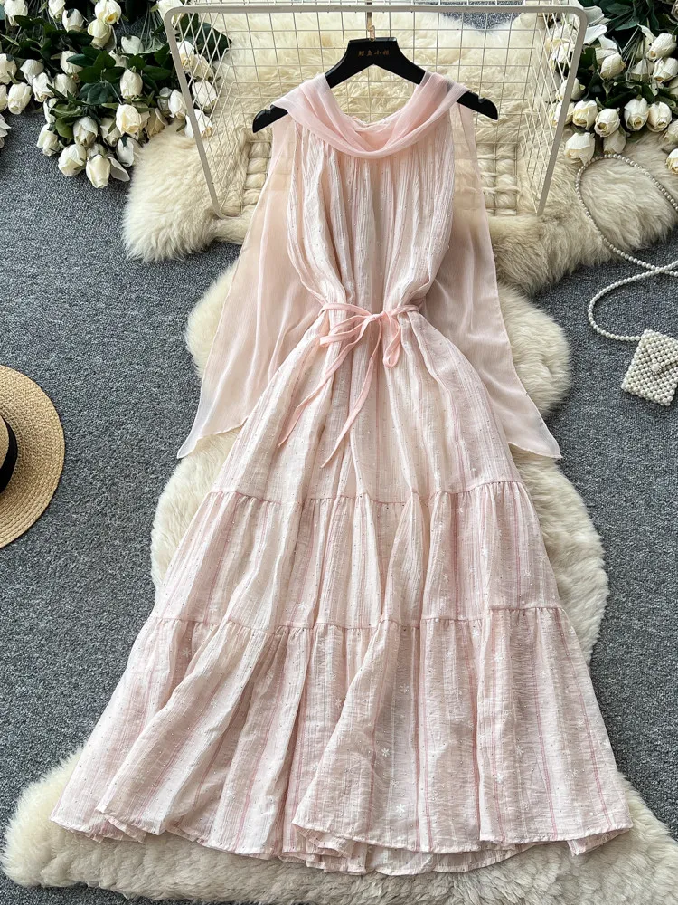 Women's Pink Sleeveless Halter A-Line Dress Y2k Gyaru Long Dress French Vacation Style Mesh Elegant Maxi Dress for Women Summer