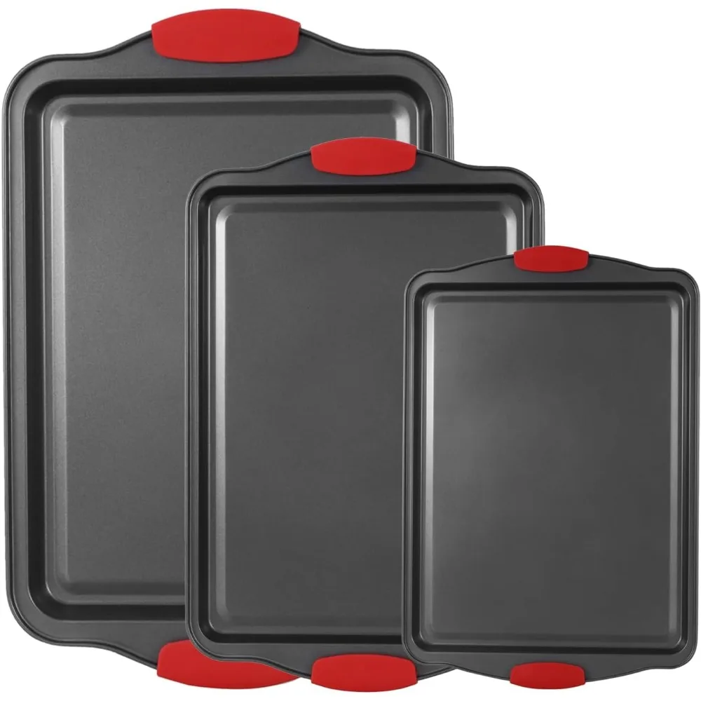 Backform-Set, antihaftbeschichtet, schwarzer Kohlenstoffstahl mit Silikongriffen, stapelbares Backblech-Set für Kekse, Backen, Küche, Backgeschirr