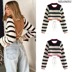 Women's Cropped Sweaters Knit Striped Sweater Pullovers Autumn Winter Crop Knit Backless Long sleeve Top Knitwears