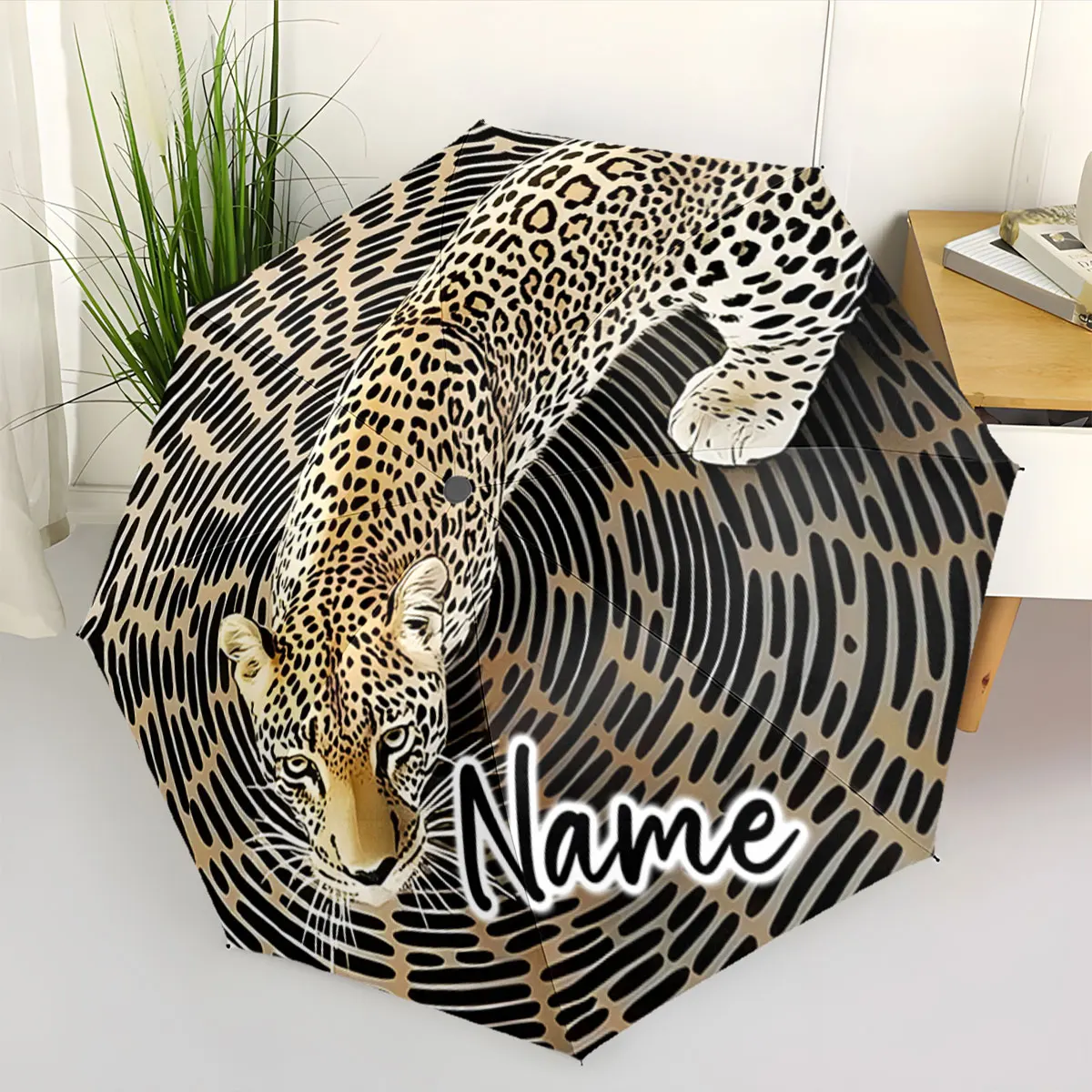 Custom Name Umbrella Leopard Design Umbrella with Custom Name Print 8 Iron Ribs Folding Umbrella Auto-Open Fashion Sunshade