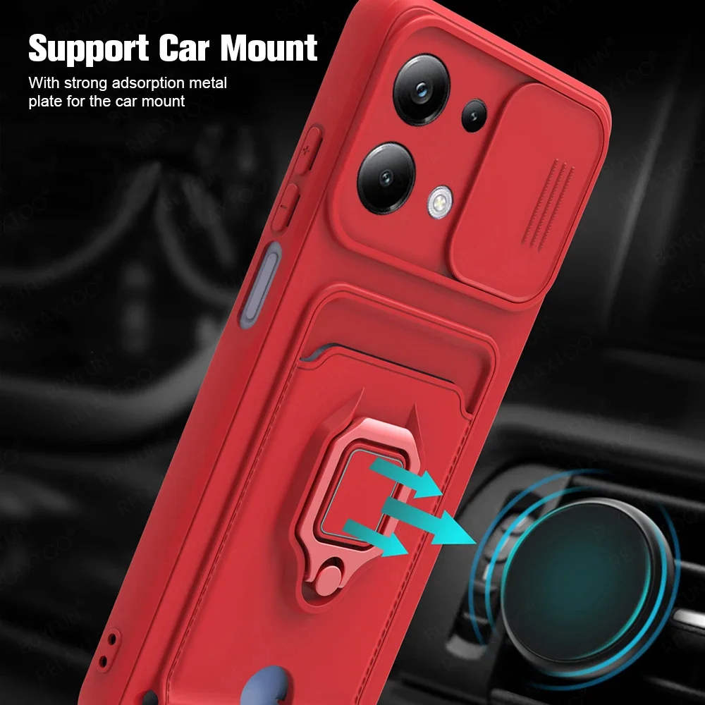 Slide Camera Protect Silicone Case For Xiaomi Poco M6 Pro 4G PocoM6Pro Little M6Pro Car Magnetic Ring Holder Card Wallet Cover