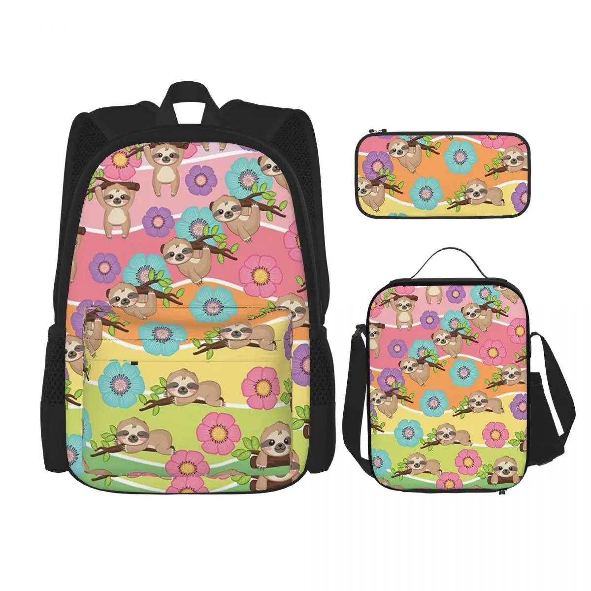 

Sloth And Flower Backpacks Boys Girls Bookbag Children School Bags Cartoon Kids Rucksack Lunch Bag Pen Bag Three-Piece Set