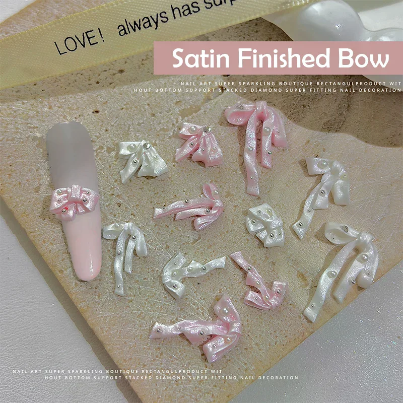 10 個のちょう結びネイルアートデコレーション 3D サテンパールネイルチャームカラフルなリボン弓ラインストーン DIY マニキュアツールパーツ