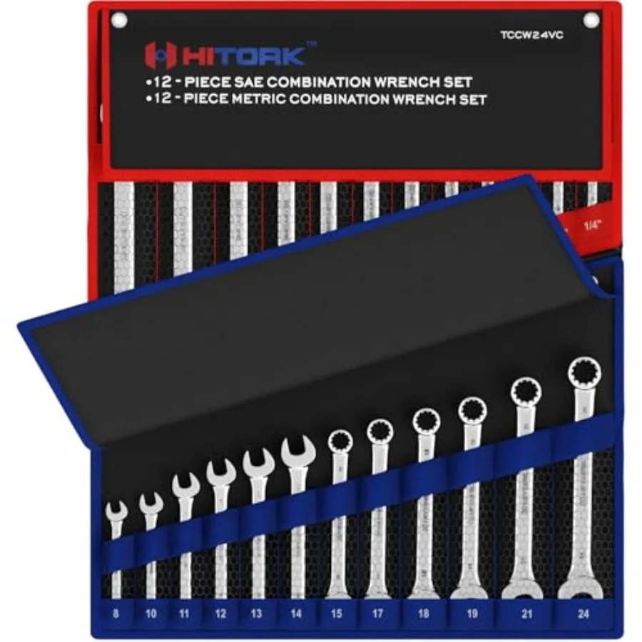 

24-Piece Combination Wrench Set, SAE 1/4" 1" and Metric (8 24mm), Cr-V Steel, Mirror Finish, 12-Point Box End, 15° Offset, with