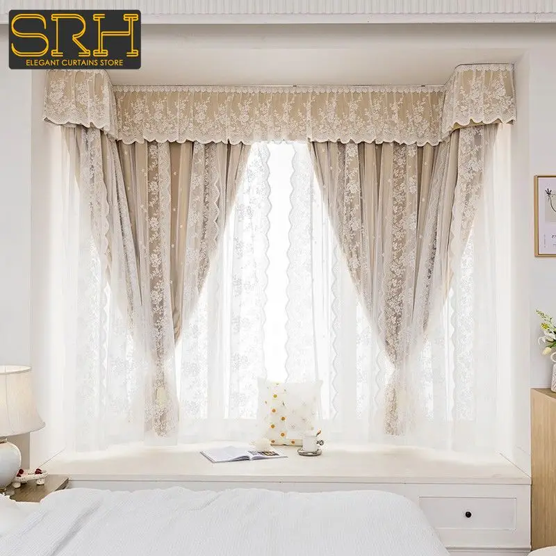 

European Modern Gauze Double-layer Curtains Lace French Pastoral Bedroom Bay Window Thicken Blackout Cloth Custom Valance Tulle