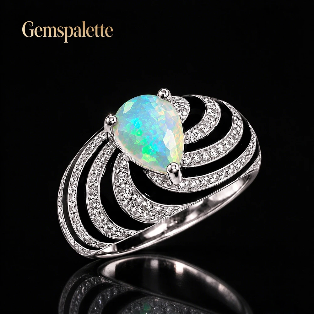 925 Sterling Silver Natural Opal Ring Pear Cut Gemstone with Black Stripe Design Sparkling Zircon Vintage Style Fine Jewelry