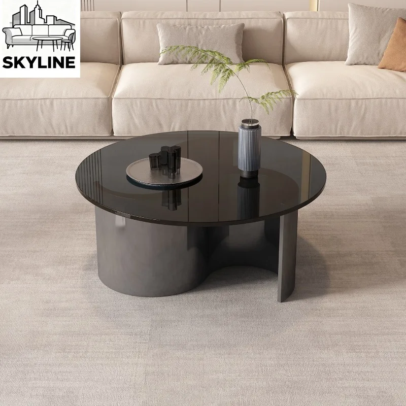 Black glossy round living room home modern simple tempered glass coffee table combination