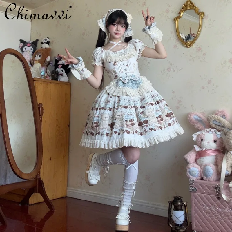 Robe Lolita OP imprimée de dessin animé pour filles, avec nœud mignon, taille haute, élégante, robes de princesse Kawaii pour femmes, nouvelle collection automne 2025